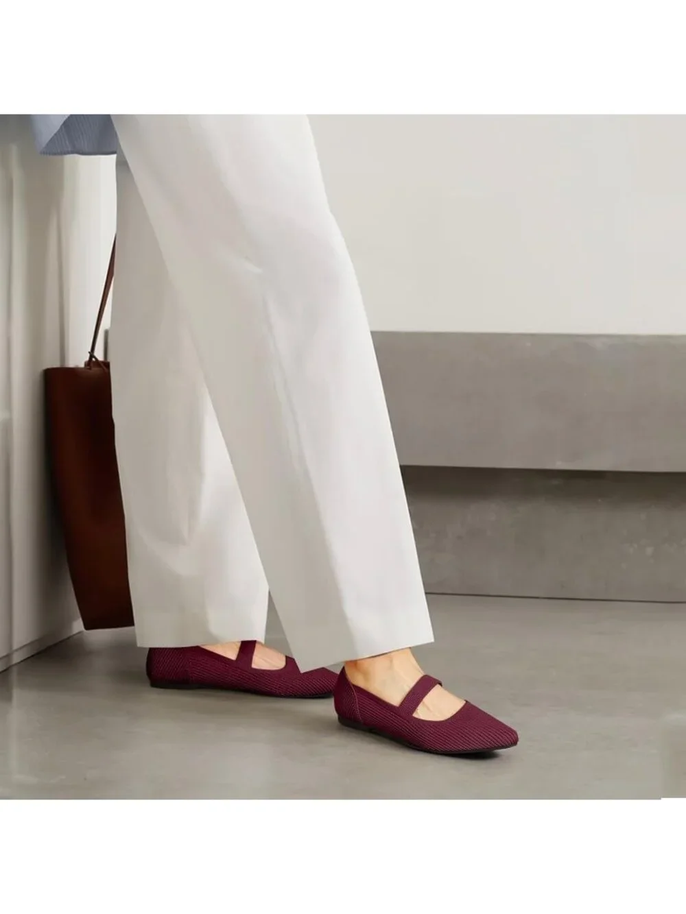 Women's Red Knit Mary Jane Flats Pointed Toe Pull On Comfortable Flats Shoes